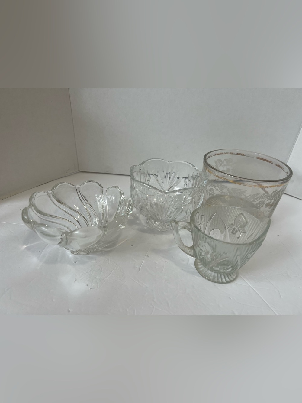 Lot of 4 Vintage Clear Glass Bowls Dishes Creamer Etched Gold Trim Mixed Set